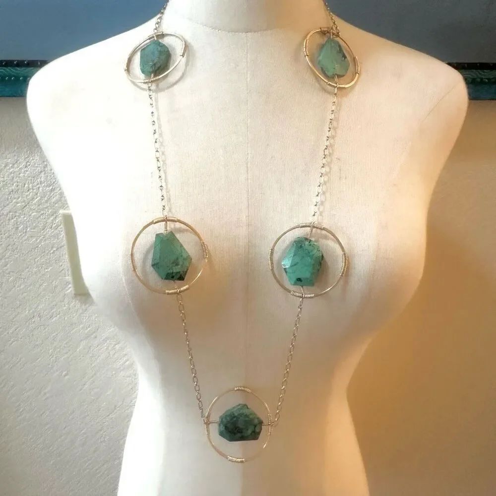 Double Happiness turquoise and gold tone long necklace